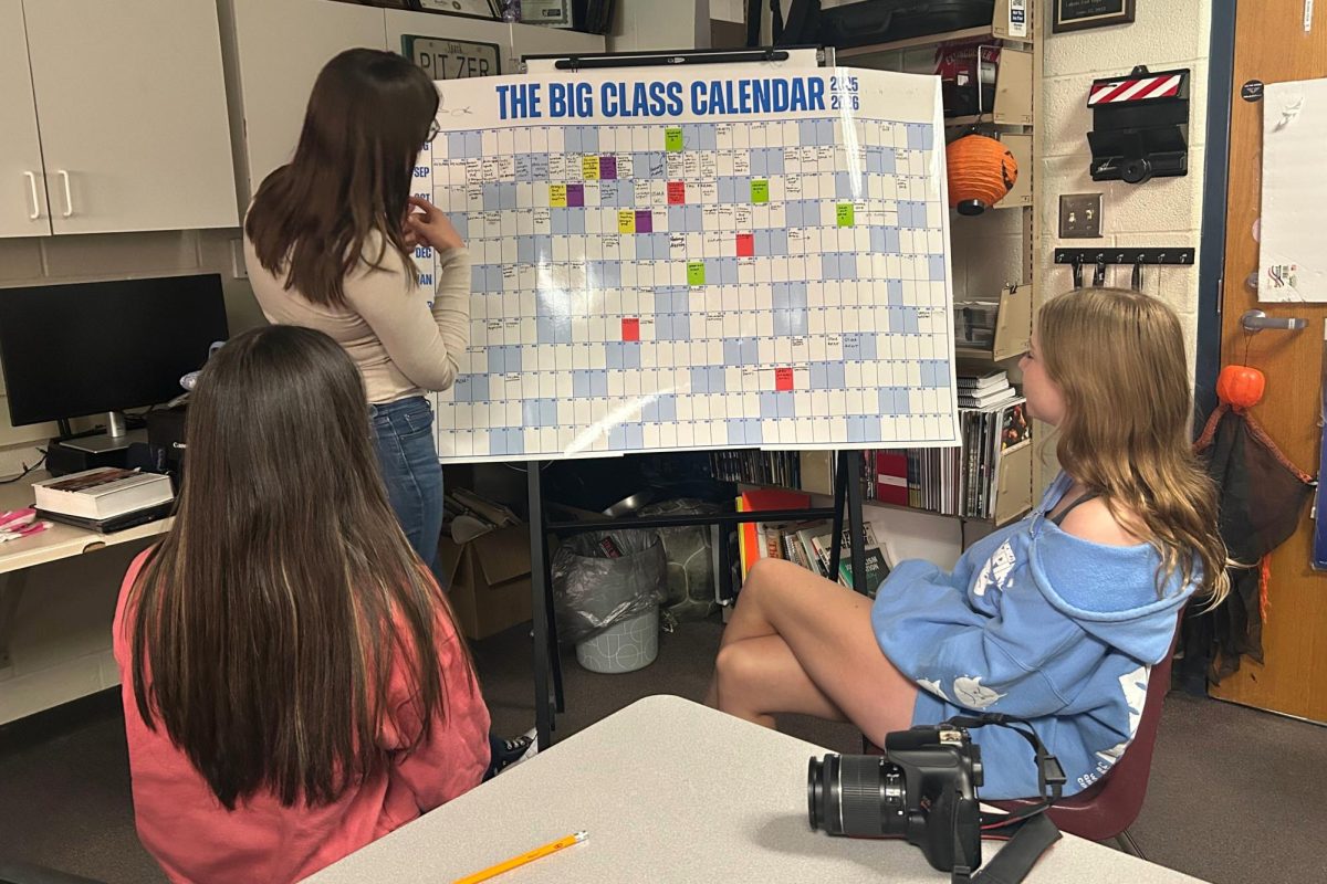 Lakota Spark editor-in-chief Ashley Skinner talks to business managers Sara McGuire and Sydney Alderman about the printing schedule for Issue 1 of the newsmagazine. They finalized which days they were going to finish counting money, send the proof, send for final print and distribute the magazine. 
